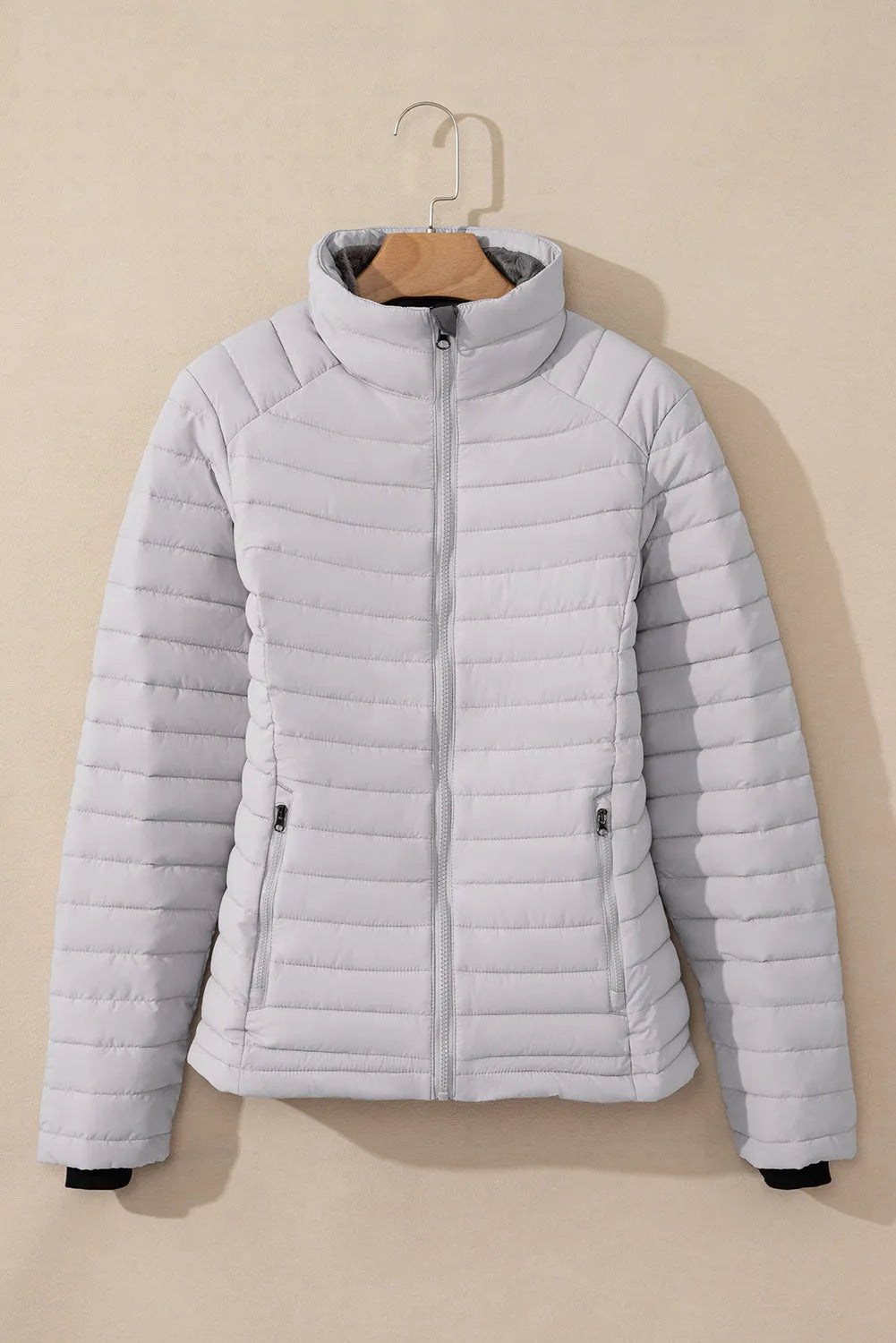 Silvery Solid Color Quilted Zip-up Puffer Jacket - Chic Meadow Boutique 