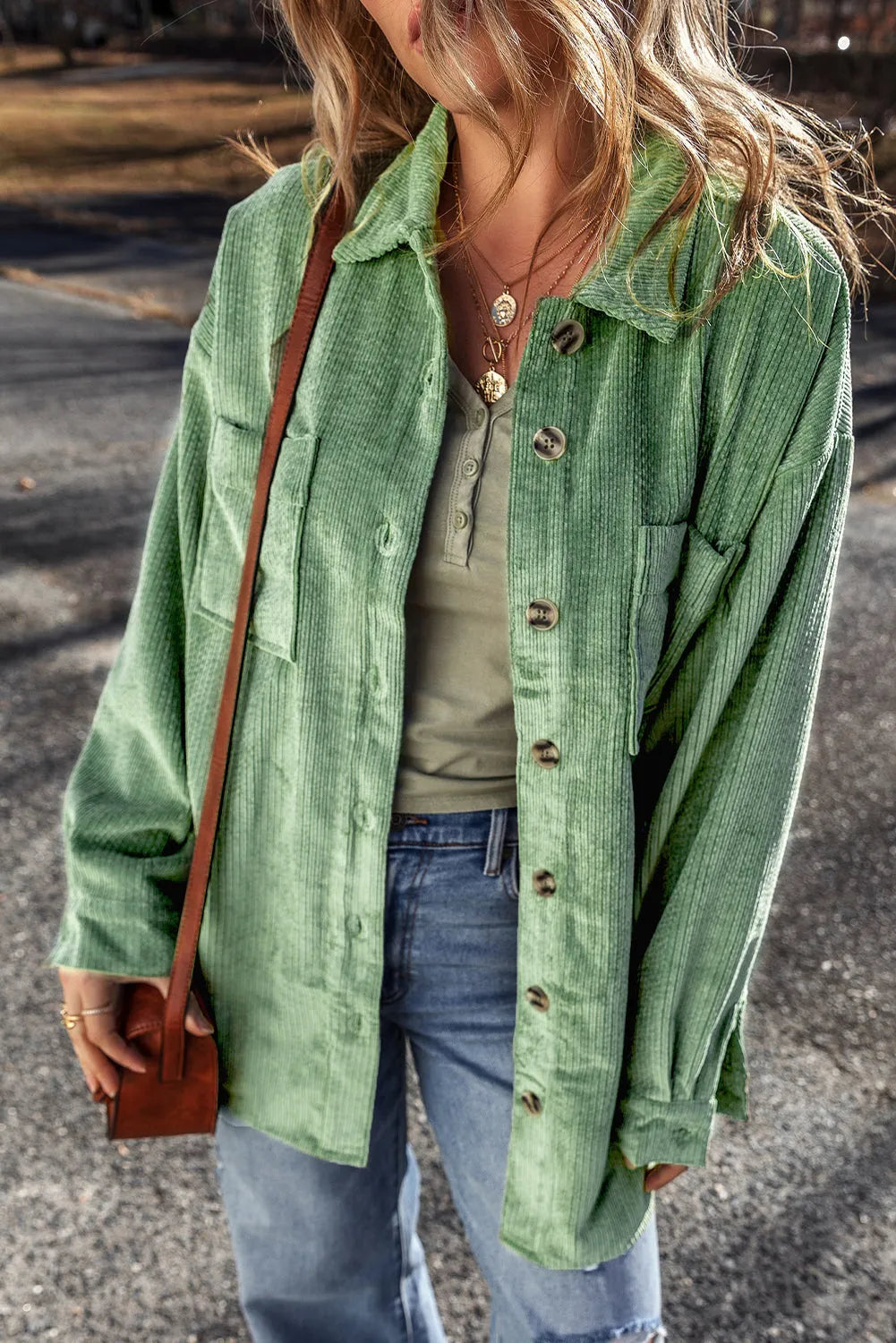 Mist Green Patched Pocket Button Up Corduroy Shacket - Chic Meadow Boutique 