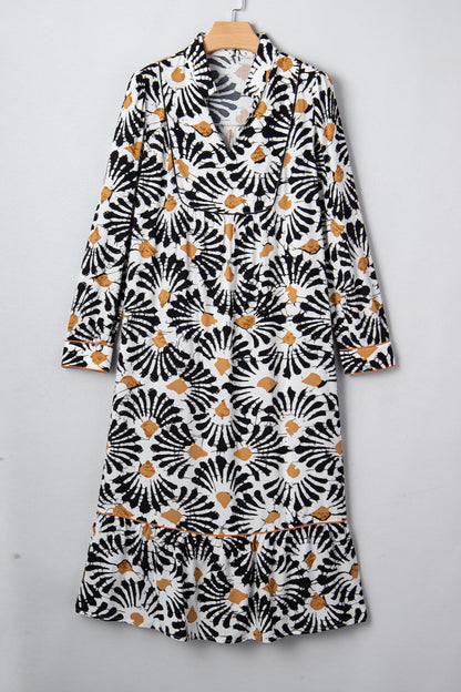 Black Abstract Floral Print Split V Neck Long Dress with Sleeves