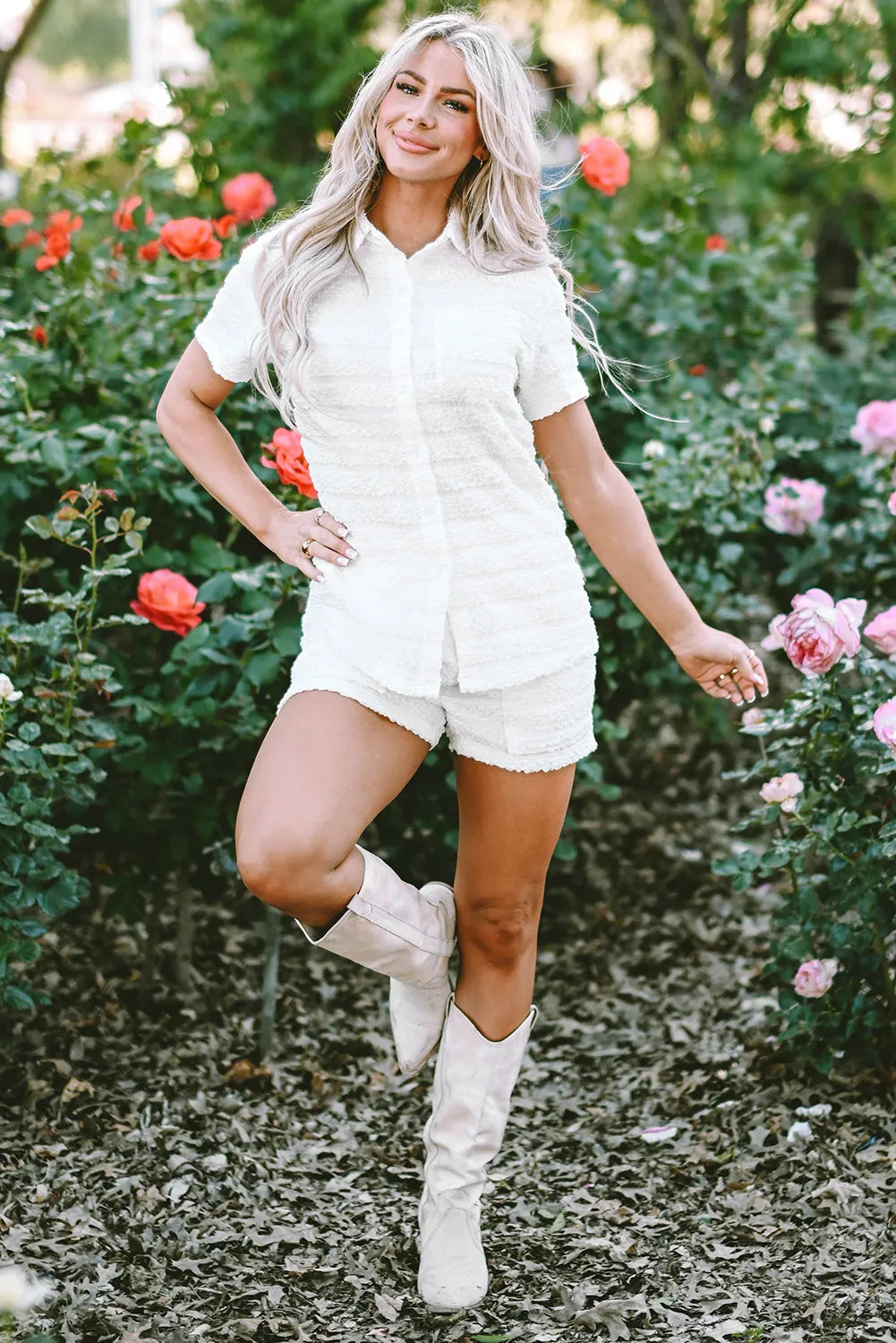 White Textured Stripes Short Sleeve Shirts and Shorts Set - Chic Meadow Boutique 