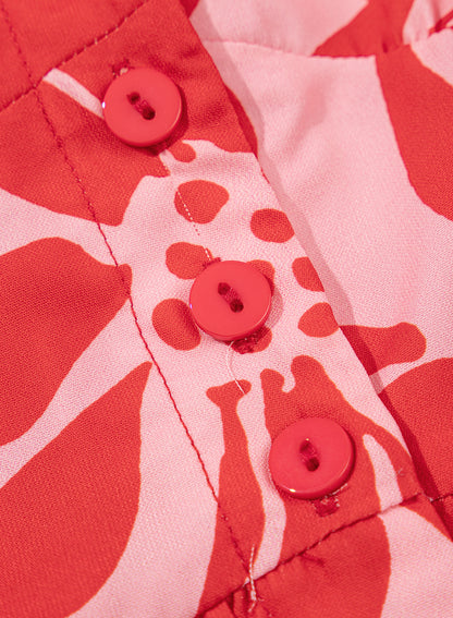 Red Boho Floral Short Sleeve V Neck Buttoned Shirred Waist Long Dress