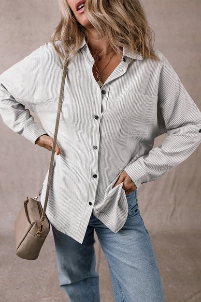 Black Stripe Roll-tab Sleeve Pocketed Long Shirt - Chic Meadow Boutique 