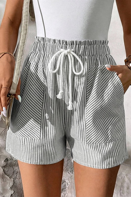 Gray Stripe Lace-up Elastic Waist Casual Pocketed Shorts