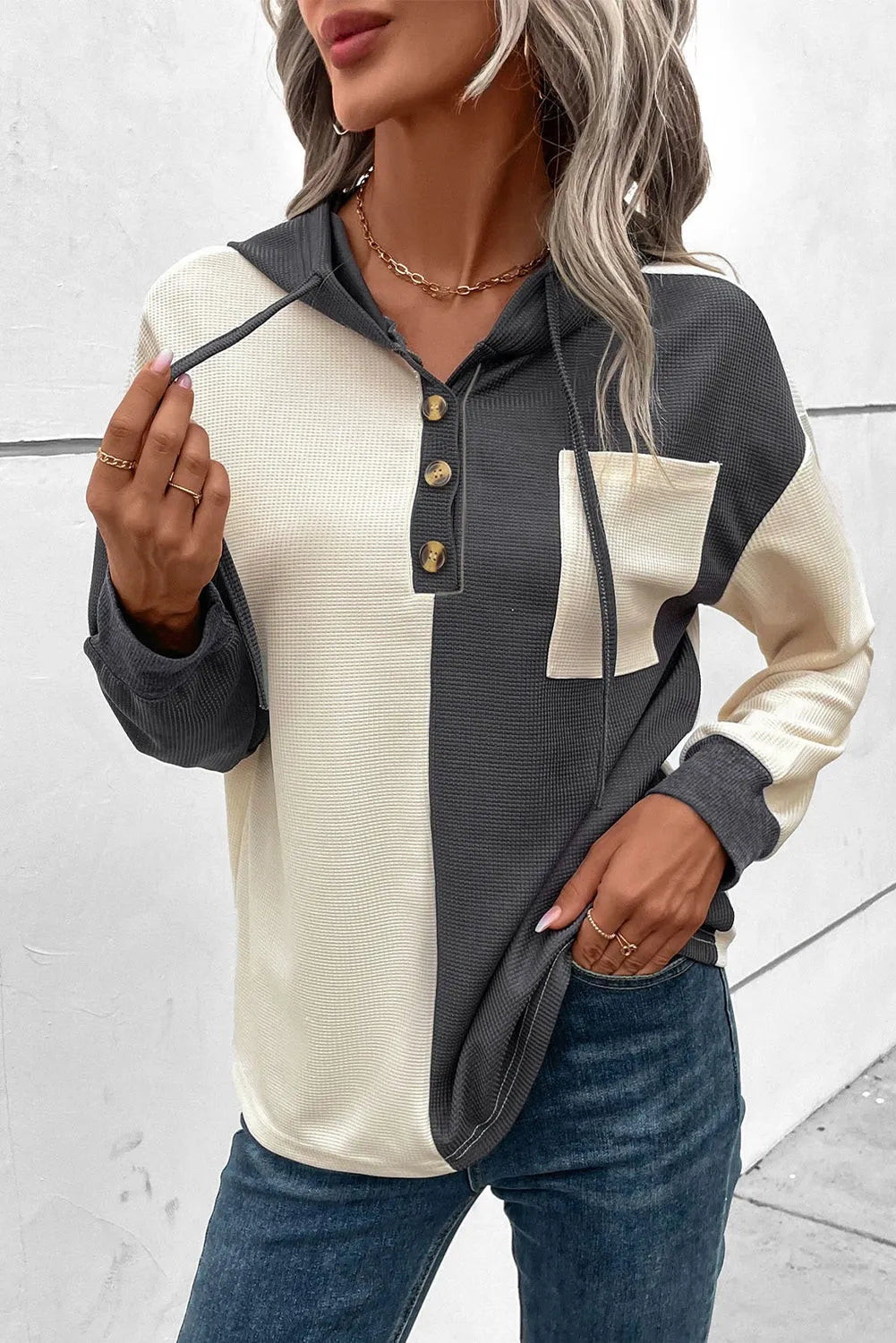 Dark Grey Waffle Colorblock Buttons Placket Drop Shoulder Drawstring Hoodie - Chic Meadow Boutique 