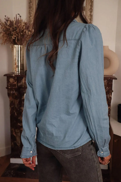 Dusk Blue Turn-down Collar Chambray Shirt - Chic Meadow Boutique 