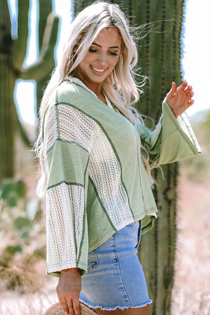 Grass Green Crochet Detail Exposed Seam High Low Loose Top - Chic Meadow Boutique 