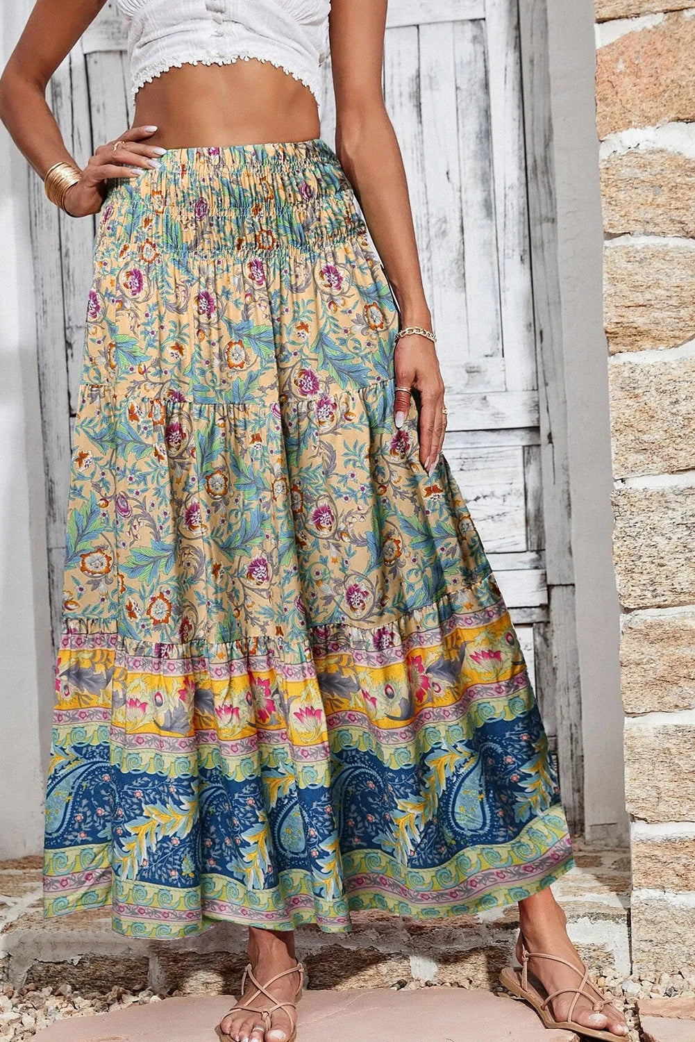 Sky Blue Boho Floral & Paisley Print Shirred Waist Long Skirt - Chic Meadow Boutique 