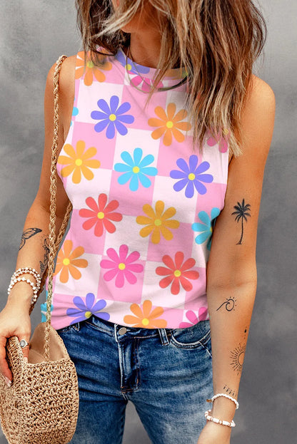 Pink Floral Print Round Neck Sleeveless Top - Chic Meadow Boutique 