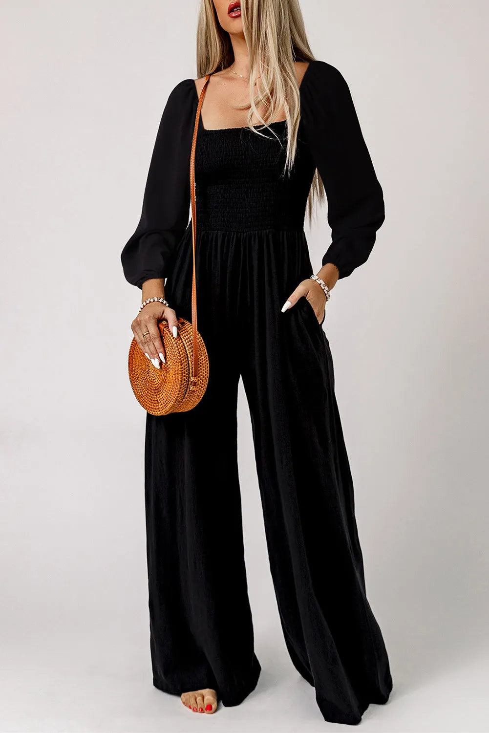 Black Smocked Square Neck Long Sleeve Wide Leg Jumpsuit - Chic Meadow Boutique 