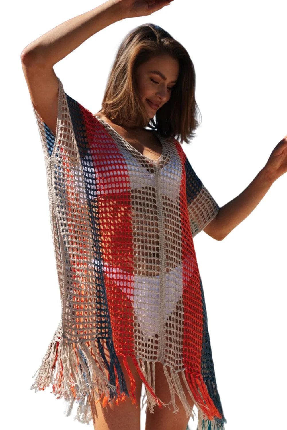 Swimwear/Beach Cover-ups Multicolor Striped Tassel Crochet V Neck Beach Cover Up