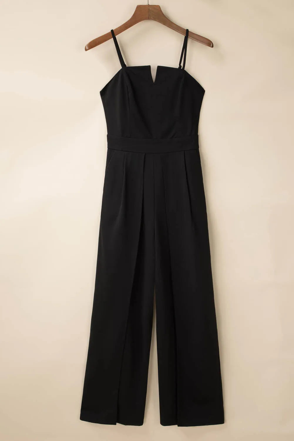 Black Spaghetti Straps Slit Leg Jumpsuit with Pockets - Chic Meadow Boutique 