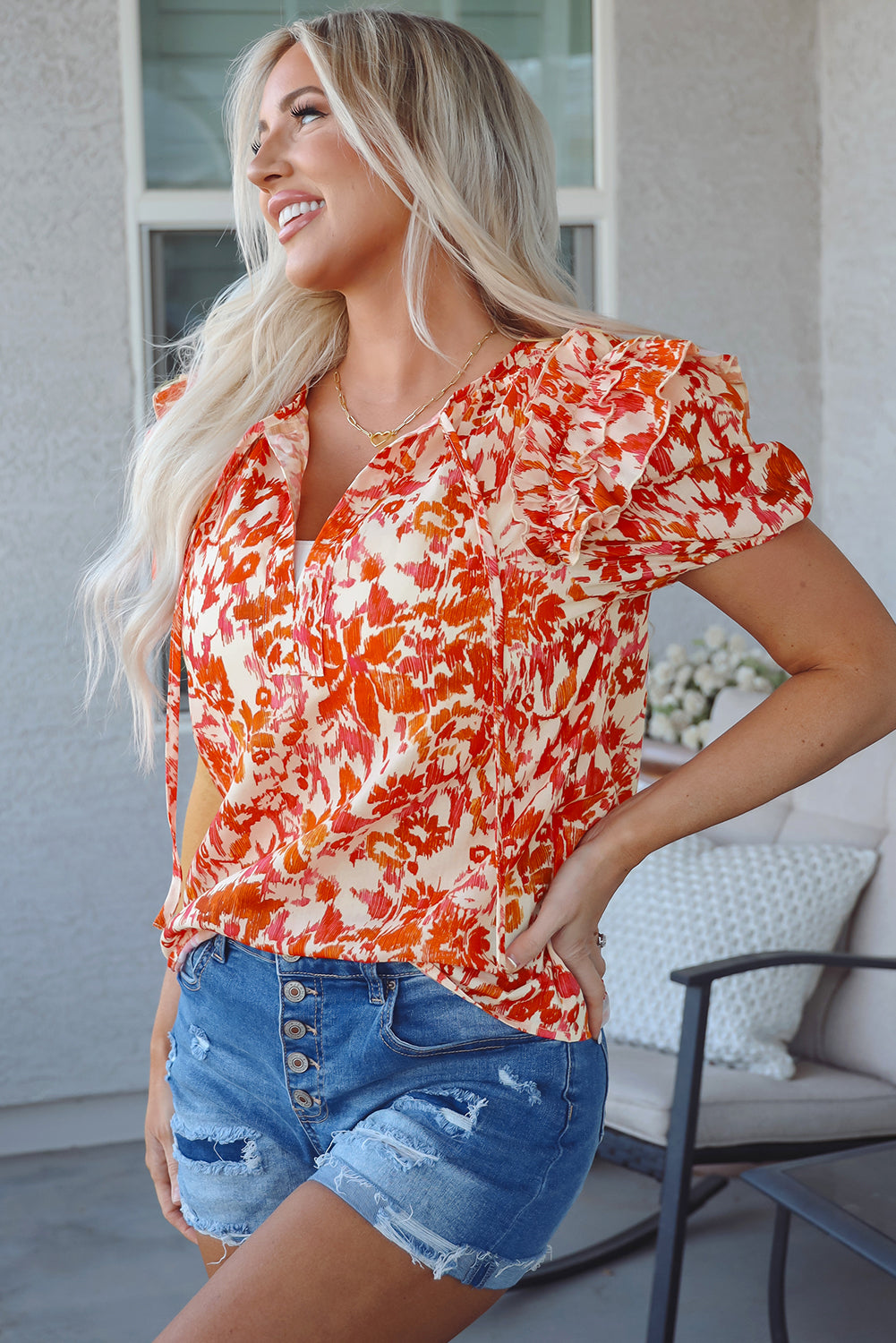 Orange Floral Print Ruffled Short Puff Sleeve Split Neck Blouse