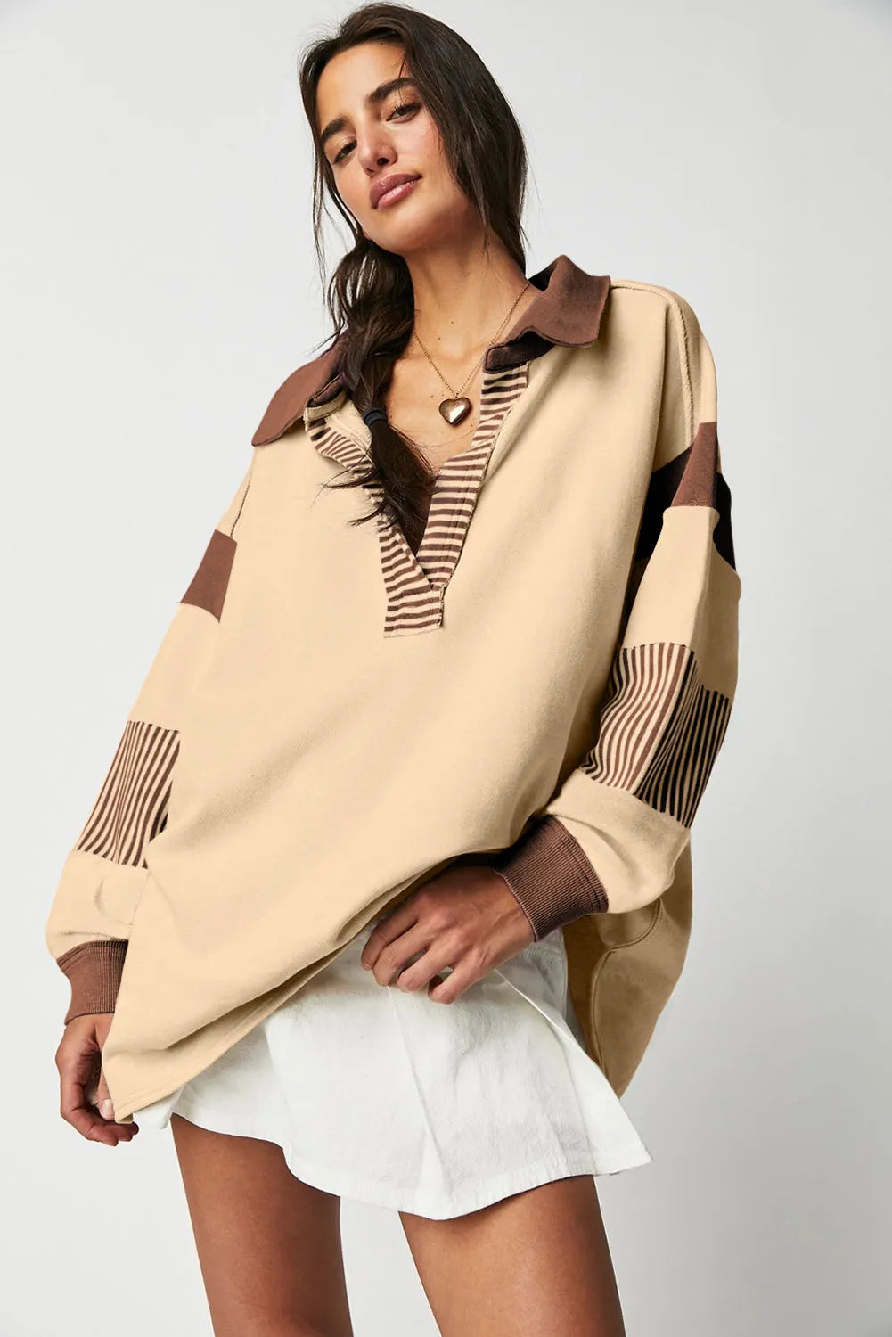 Light French Beige Striped Colorblock Patchwork Collar Sweatshirt - Chic Meadow Boutique 