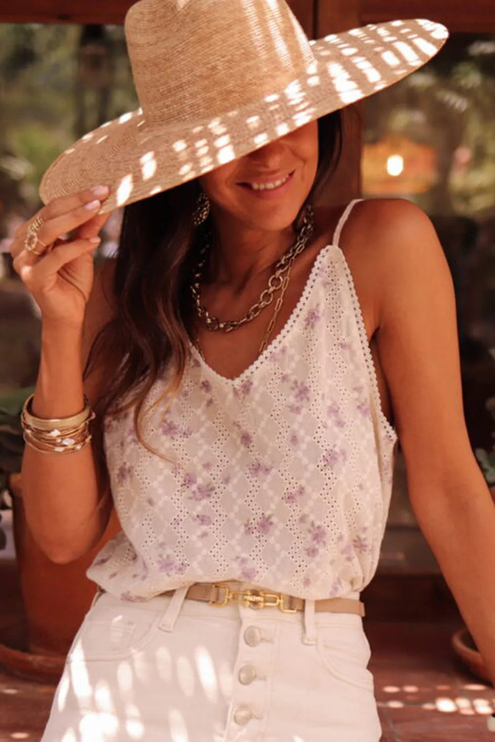 White Flower Embroidered Lace Crochet V Neck Tank Top - Chic Meadow Boutique 