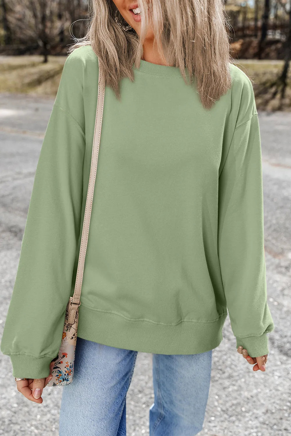 Smoke Green Plain Drop Shoulder Crewneck Pullover Sweatshirt - Chic Meadow Boutique 