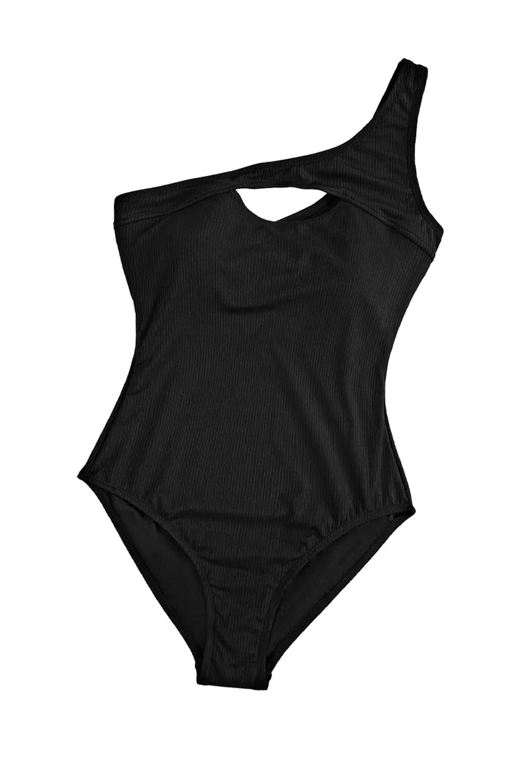 Black Ribbed One Shoulder Hollowed One Piece Swimsuit - Chic Meadow Boutique 