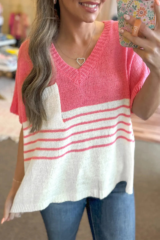 Strawberry Pink Contrast Stripes V Neck Knitted Short Sleeve Top - Chic Meadow Boutique 