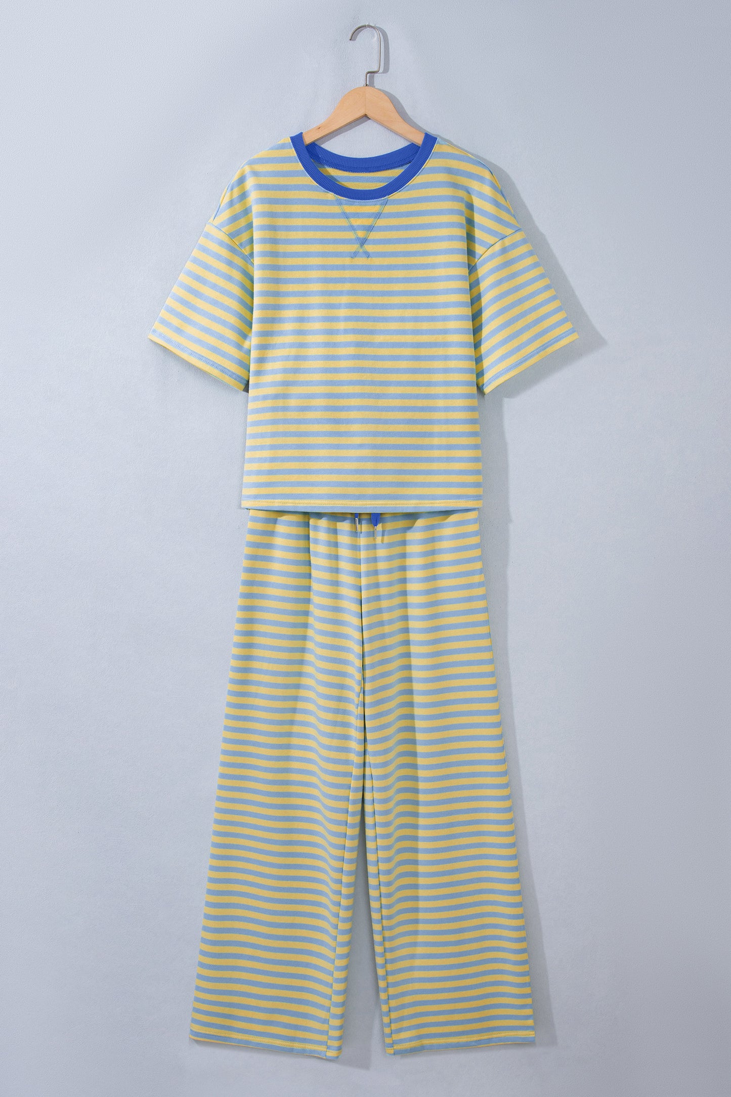 Yellow Stripe Colorblock Trim Crew Neck Loose Tee Drawstring Elastic Waist 2pcs Pant Set