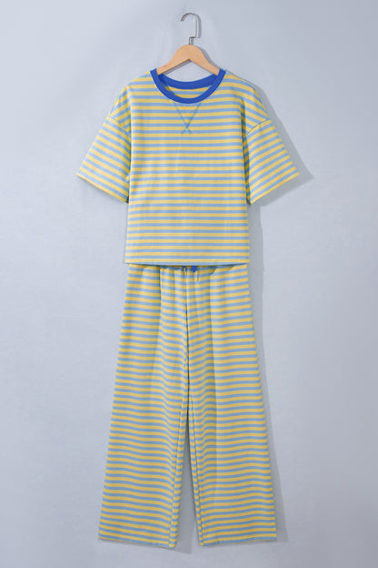 Yellow Stripe Colorblock Trim Crew Neck Loose Tee Drawstring Elastic Waist 2pcs Pant Set