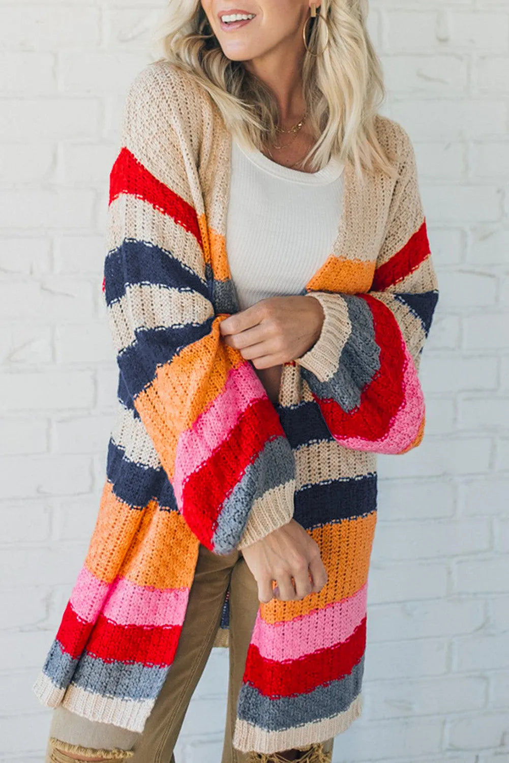 Stripes Knitted Balloon Sleeve Open Cardigan - Chic Meadow Boutique 