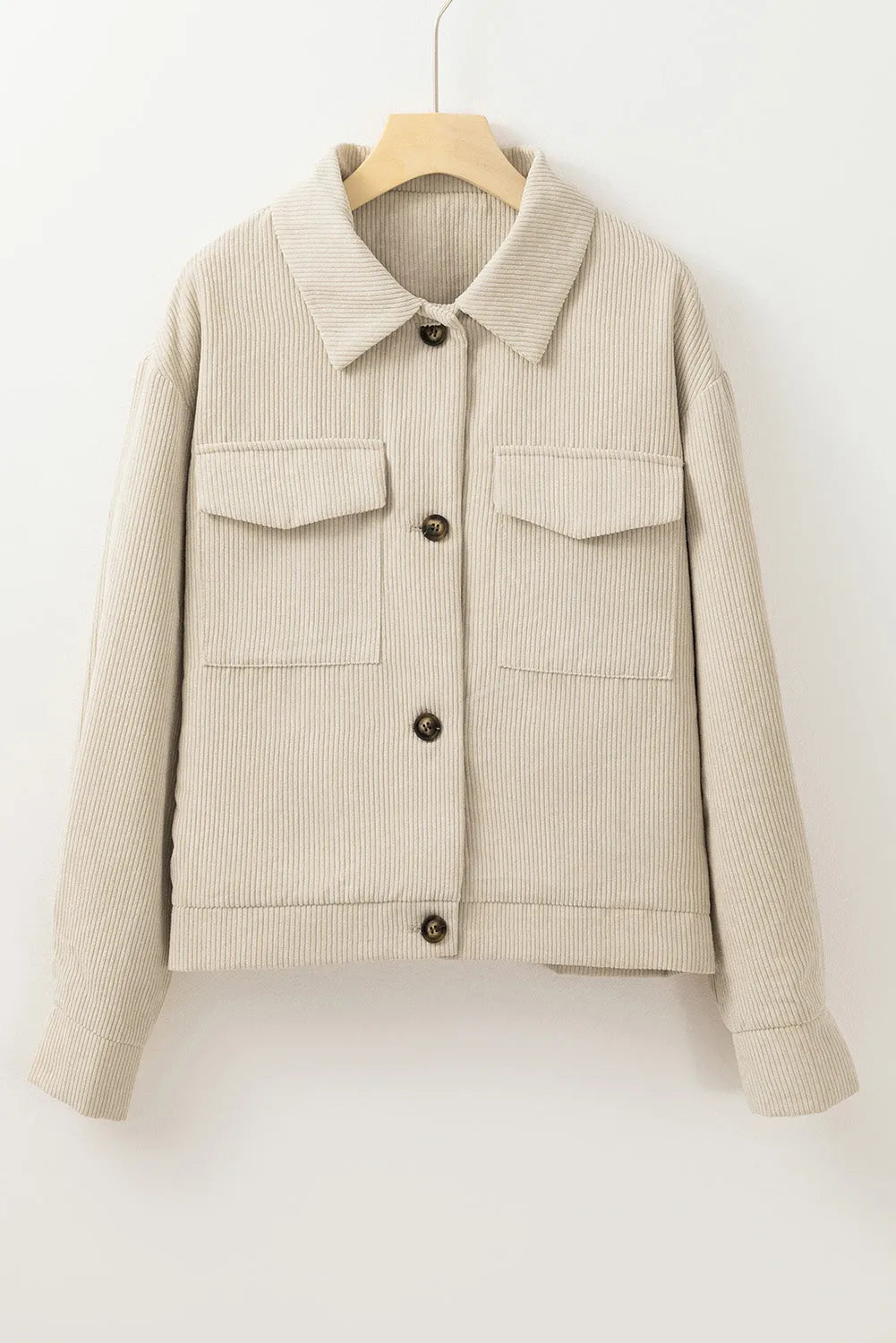 Beige Flap Pockets Buttoned Turn Down Collar Corduroy Shacket - Chic Meadow Boutique 