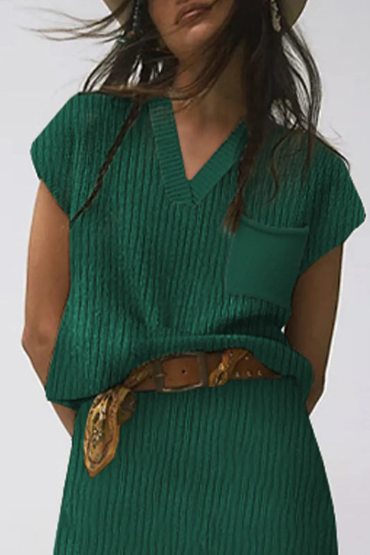 Blackish Green Chest Pocket V Neck Ribbed Cap Sleeve Sweater - Chic Meadow Boutique 