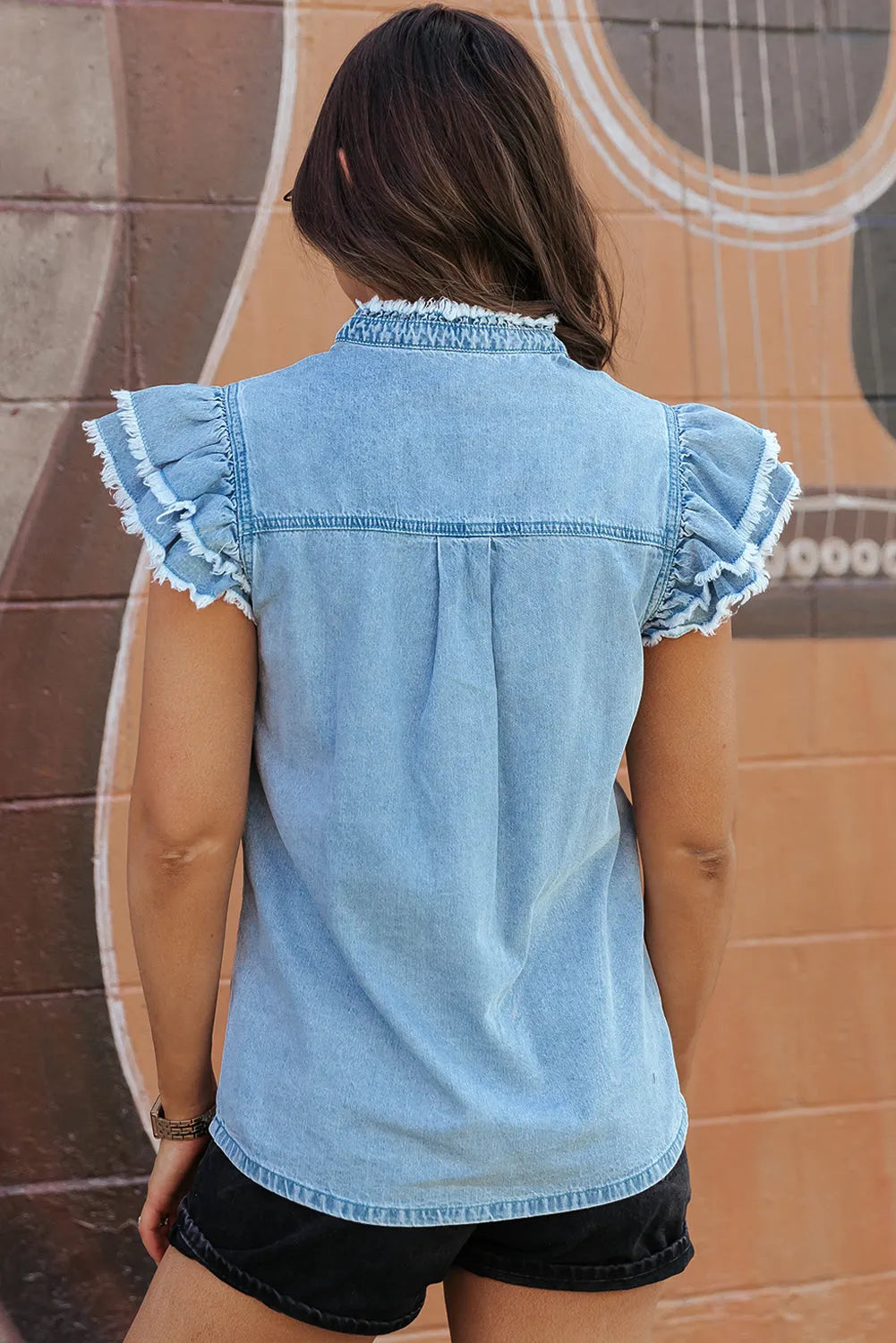 Beau Blue Button Front Ruffled Flutter Frayed Denim Top - Chic Meadow Boutique 