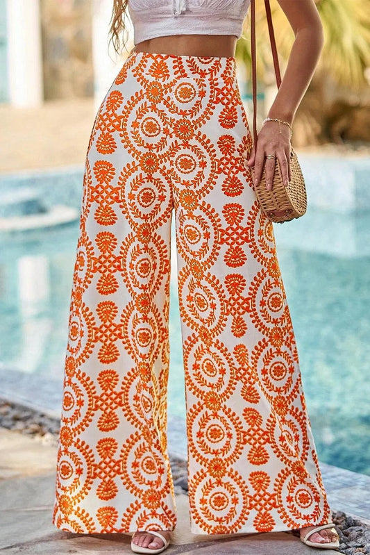 Bottoms/Pants & Culotte Orange / 6 / 100%Polyester Orange Boho Retro Flower Print Wide Leg Pants