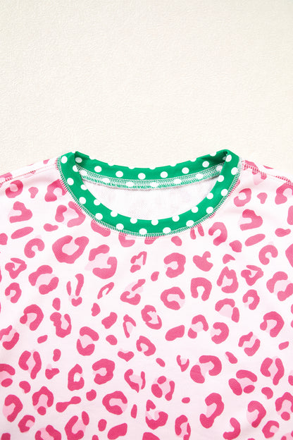 Pink Leopard Polka Dot Colorblock Trim Long Sleeve Top