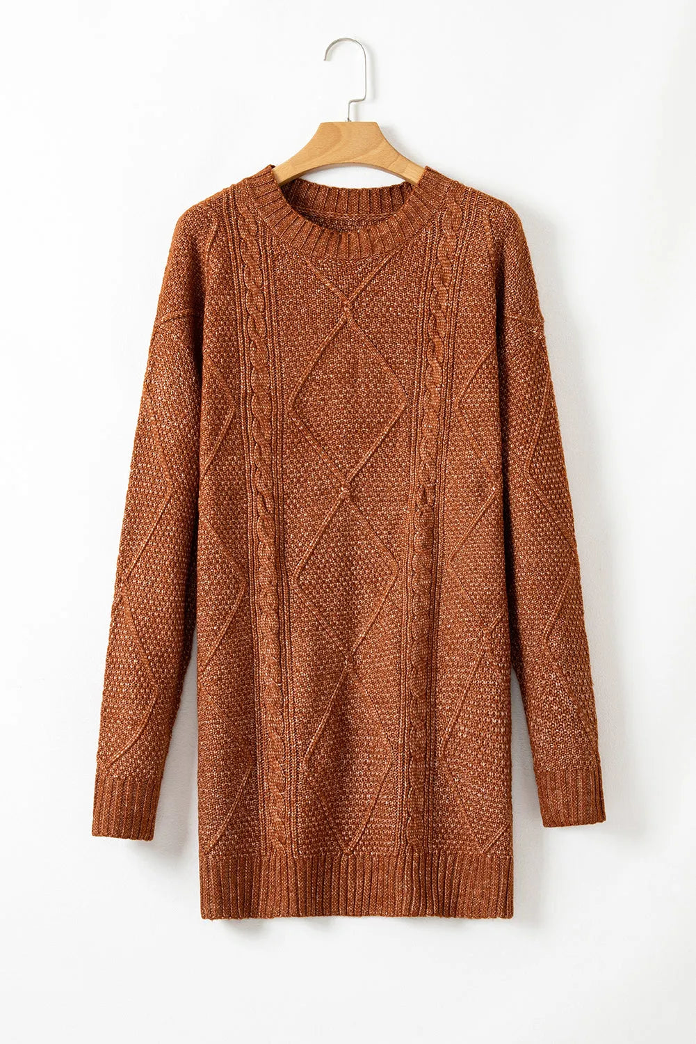 Coffee Cable Knit Drop Shoulder Loose Fit Sweater Dress - Chic Meadow Boutique 