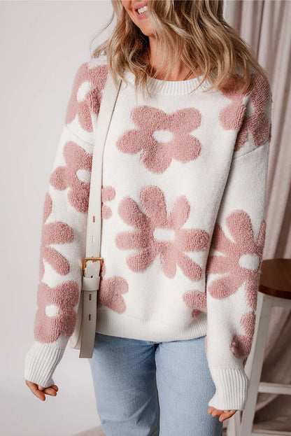 White Textured Flower Drop Shoulder Loose Sweater - Chic Meadow Boutique 