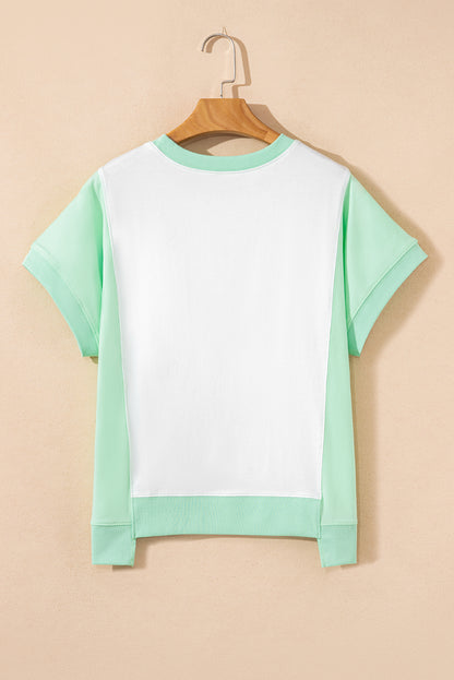 Light Green Color Block Exposed Seam Crew Neck T Shirt