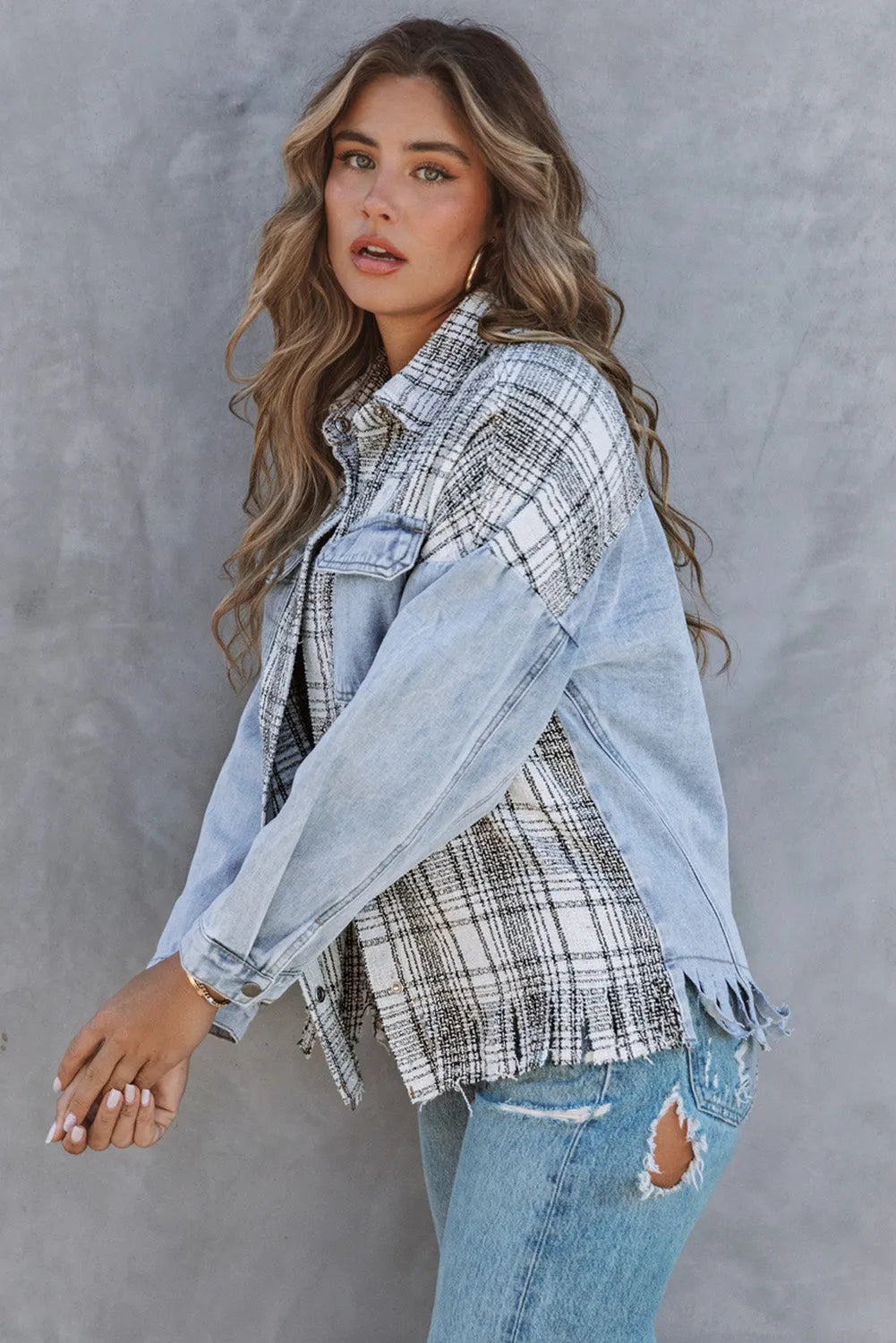 Sky Blue Plaid Patchwork Fringed Flap Pockets Denim Jacket - Chic Meadow Boutique 