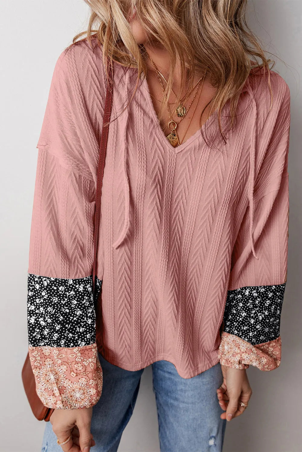 Dusty Pink Floral Patchwork Textured Knit Drawstring V Neck Blouse - Chic Meadow Boutique 