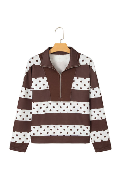 Brown Stripe Patchwork Polka Dot Accent Quarter Zip Long Sleeve Top