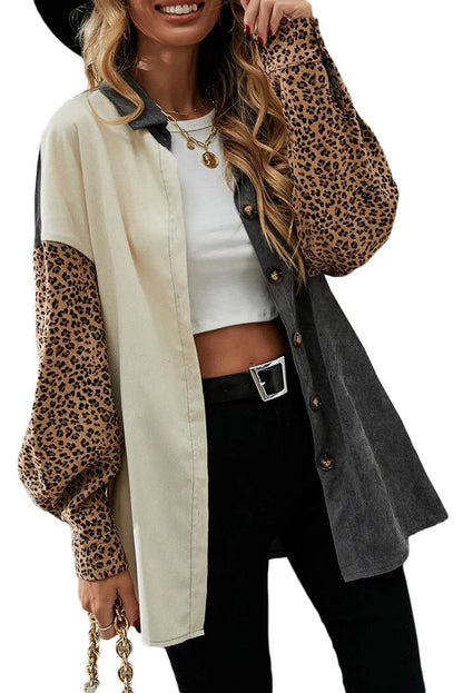 Gray Color Block Leopard Patched Corduroy Shacket - Chic Meadow Boutique 