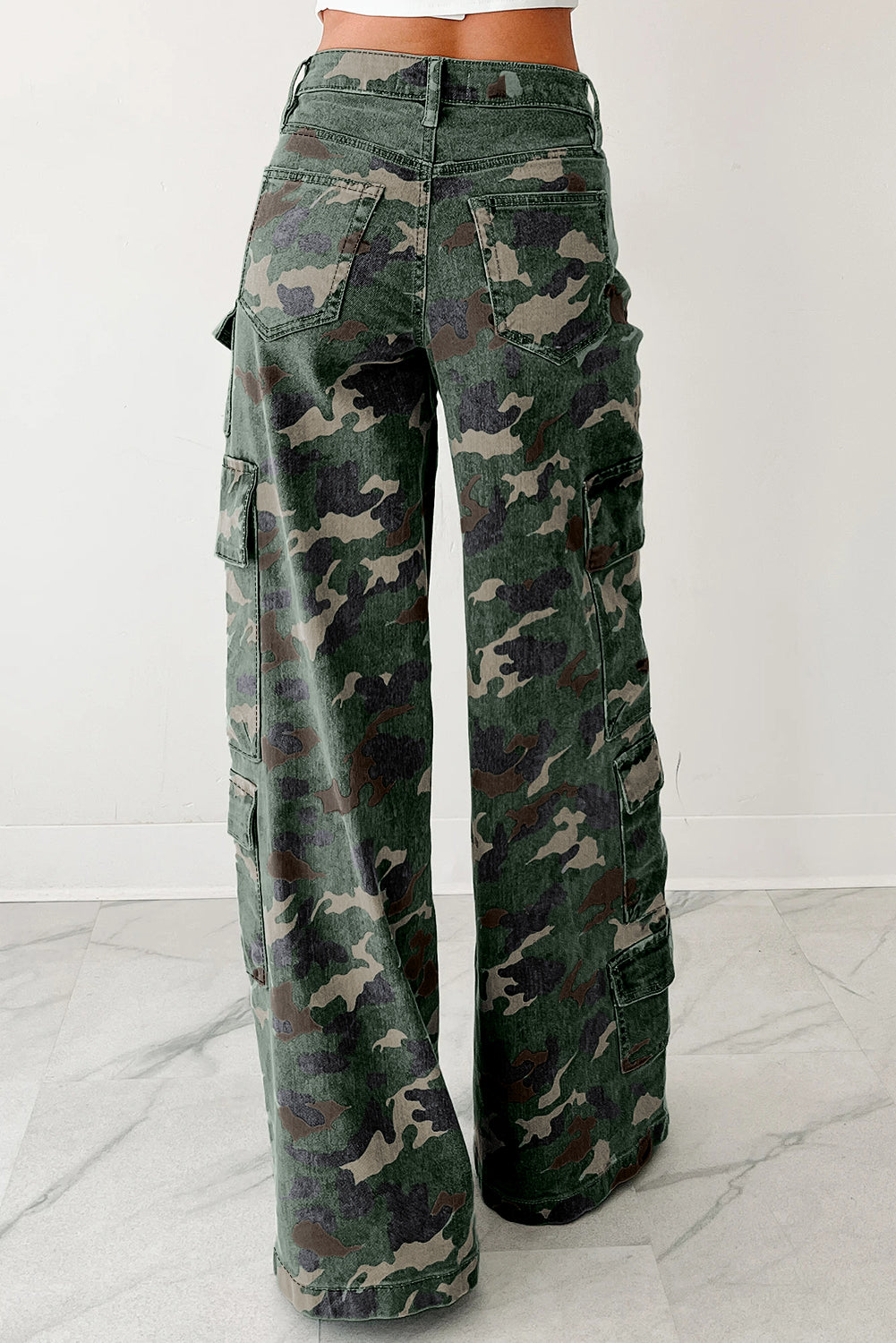 Green Camo Denim Cargo Wide Leg Pants