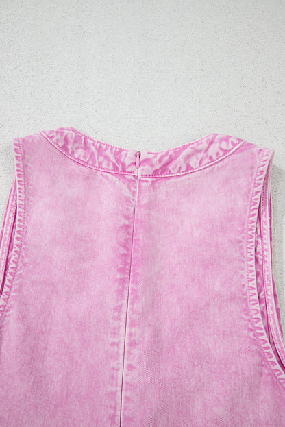 Bonbon Mineral Wash Pleated Bust V Neck Sleeveless Denim Romper