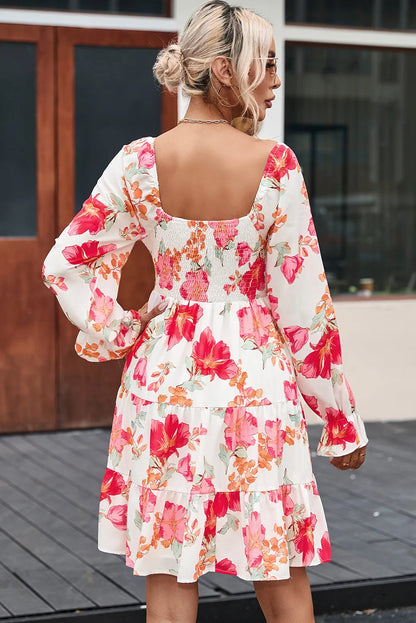 Fiery Red Smocked Tiered Floral Dress - Chic Meadow Boutique 