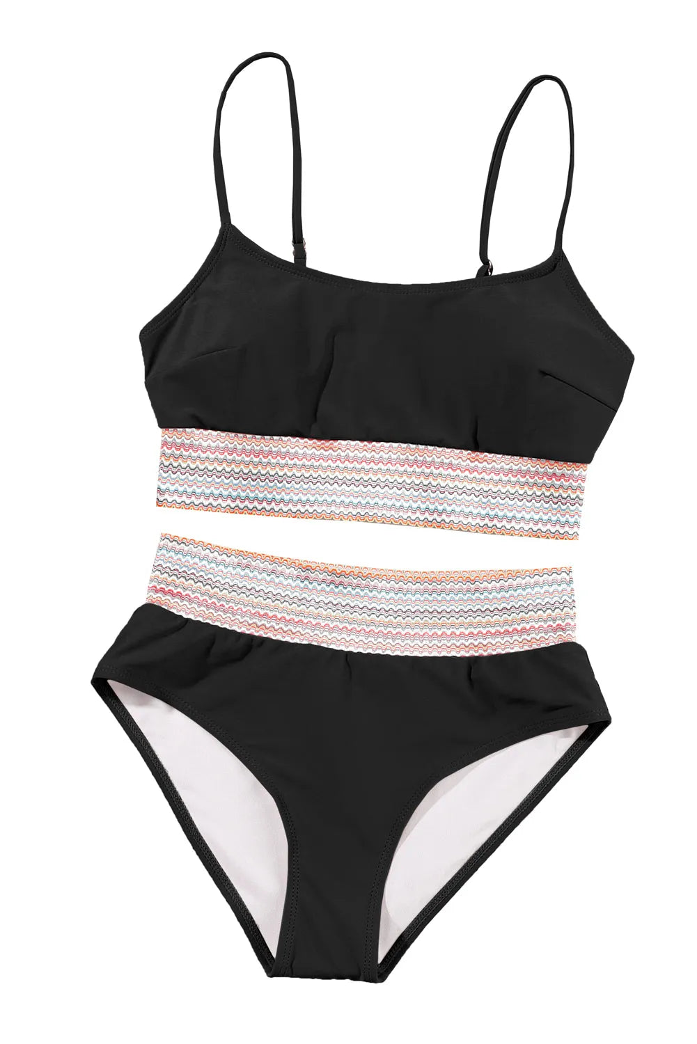 Black Striped Patchwork Spaghetti Strap High Waist Bikini Swimsuit - Chic Meadow Boutique 