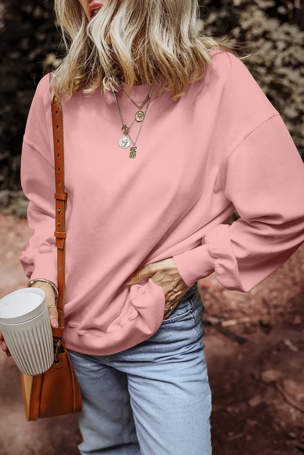 Pink Loose Drop Shoulder Ribbed Sweatshirt - Chic Meadow Boutique 