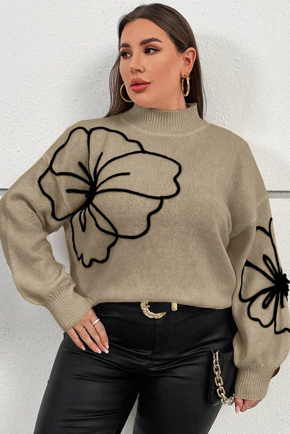 Dark Khaki Plus Size Big Flower Pattern High Neck Drop Shoulder Sweater - Chic Meadow Boutique 