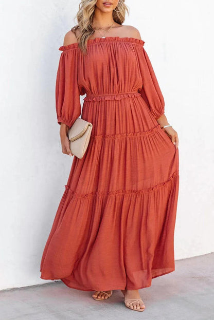 Dresses/Maxi Dresses Orange Off Shoulder Balloon Sleeve Cutout Ruffled Maxi Dress