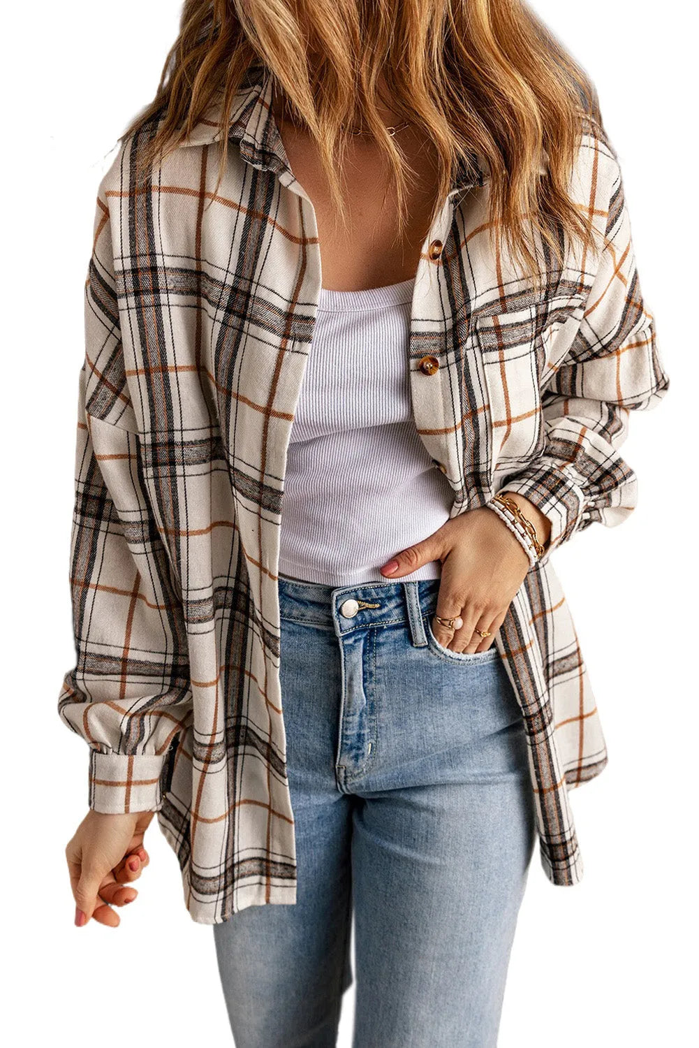 White Oversized Plaid Pattern Shacket with Slits - Chic Meadow Boutique 