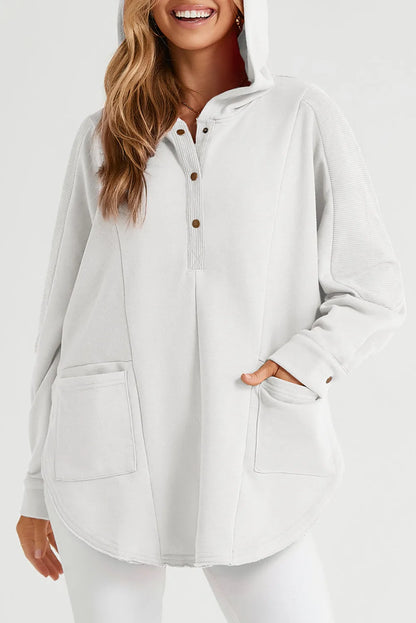 White Patchwork Side Pockets Oversized Henley Hoodie - Chic Meadow Boutique 