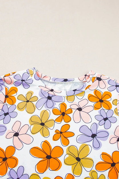 Orange Summer Flower Print Casual Round Neck T Shirt - Chic Meadow Boutique 