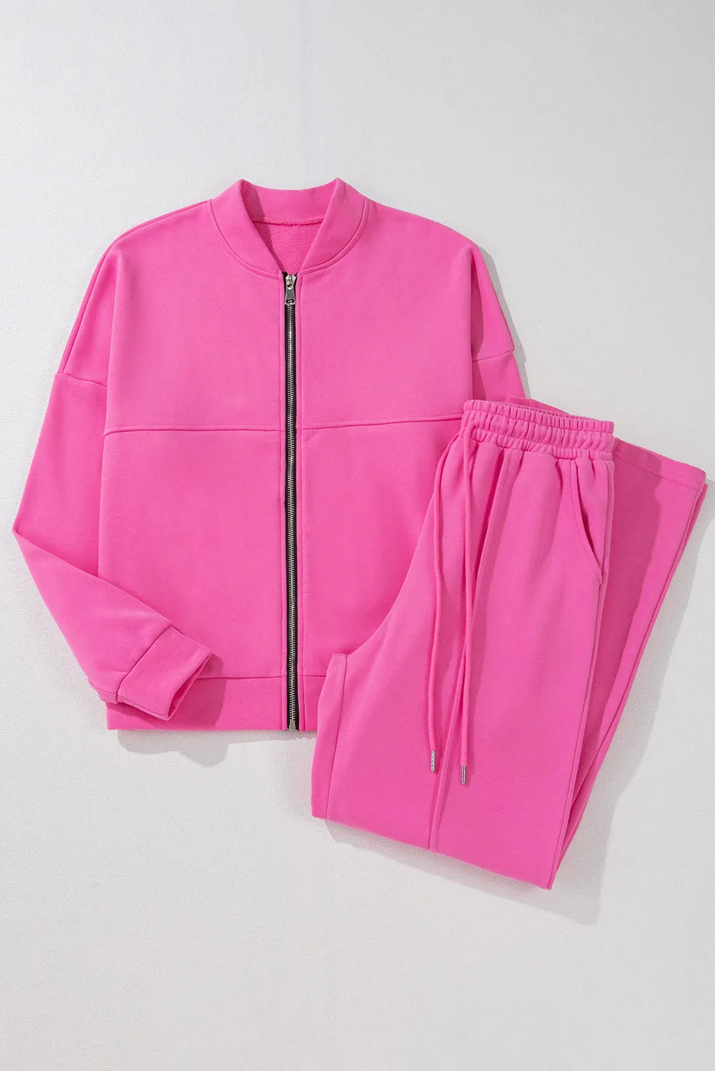 Bright Pink Solid Seamed Zipper Jacket and Drawstring Waist Pants Set - Chic Meadow Boutique 