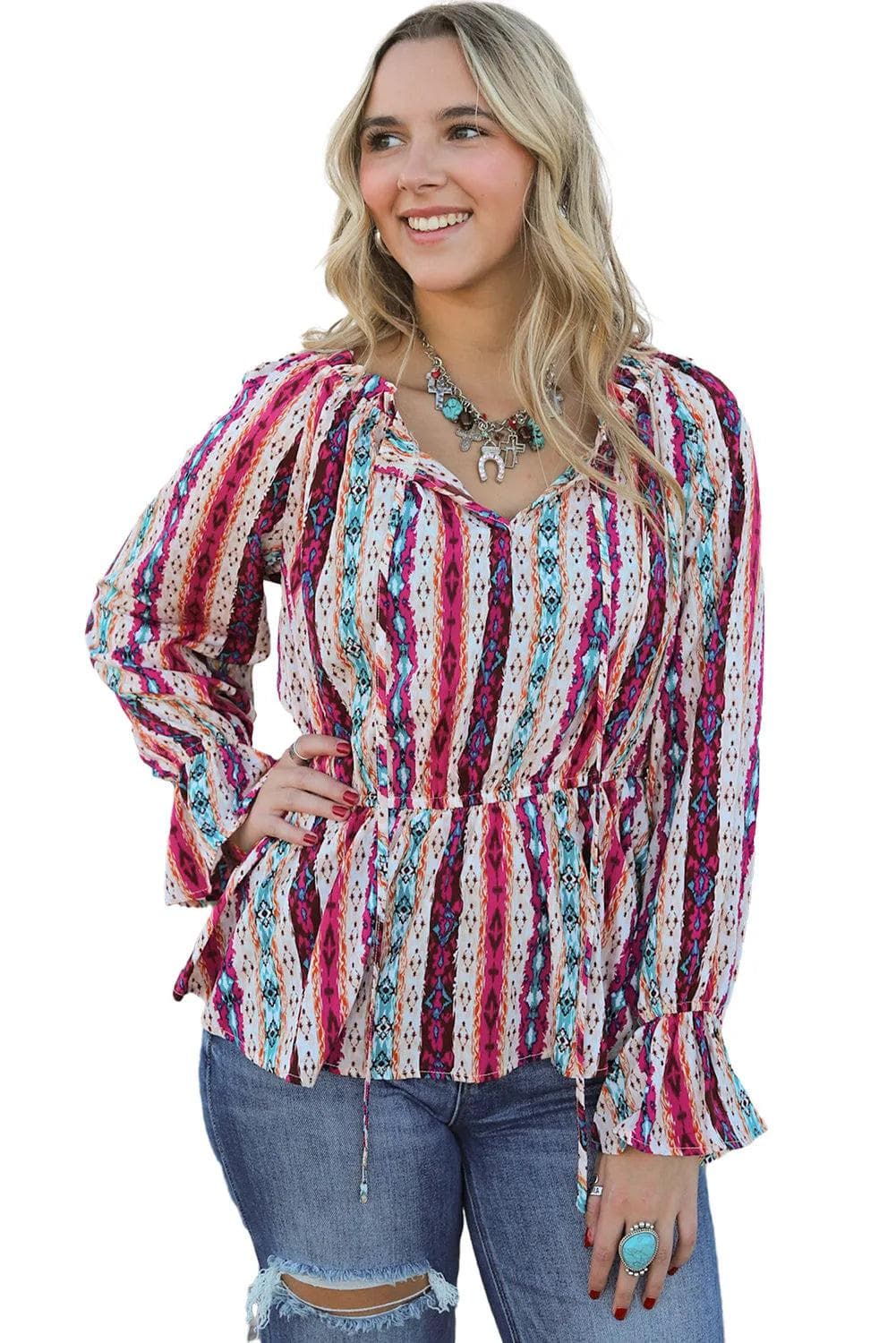 Tops/Blouses & Shirts Multicolour Western Aztec Split Neck Peplum Blouse