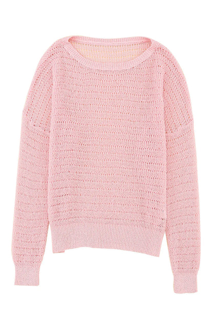 Pink Knitted Eyelets Round Neck Long Sleeve Top - Chic Meadow Boutique 