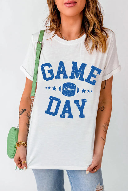 White GAME DAY Rugby Football Graphic Crewneck T Shirt - Chic Meadow Boutique 